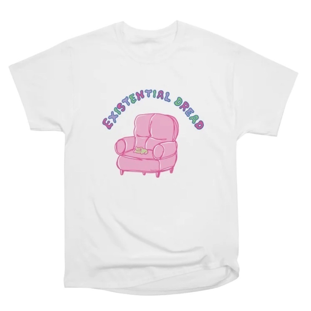 Existential Dread Graphic Tee Pink Chair Cartoon Shirt Unisex Size Small